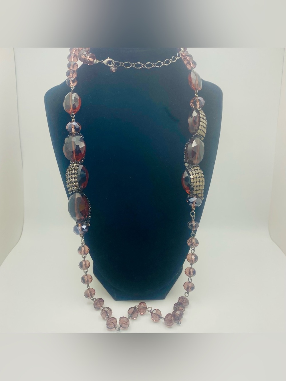 Boho Plum Beaded Statement Necklace with Gunmetal Mesh Accents